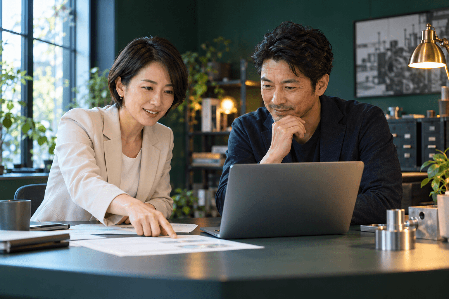 担当者と事業者が、パソコンと資料を見ながら事業計画を相談する活用イメージ